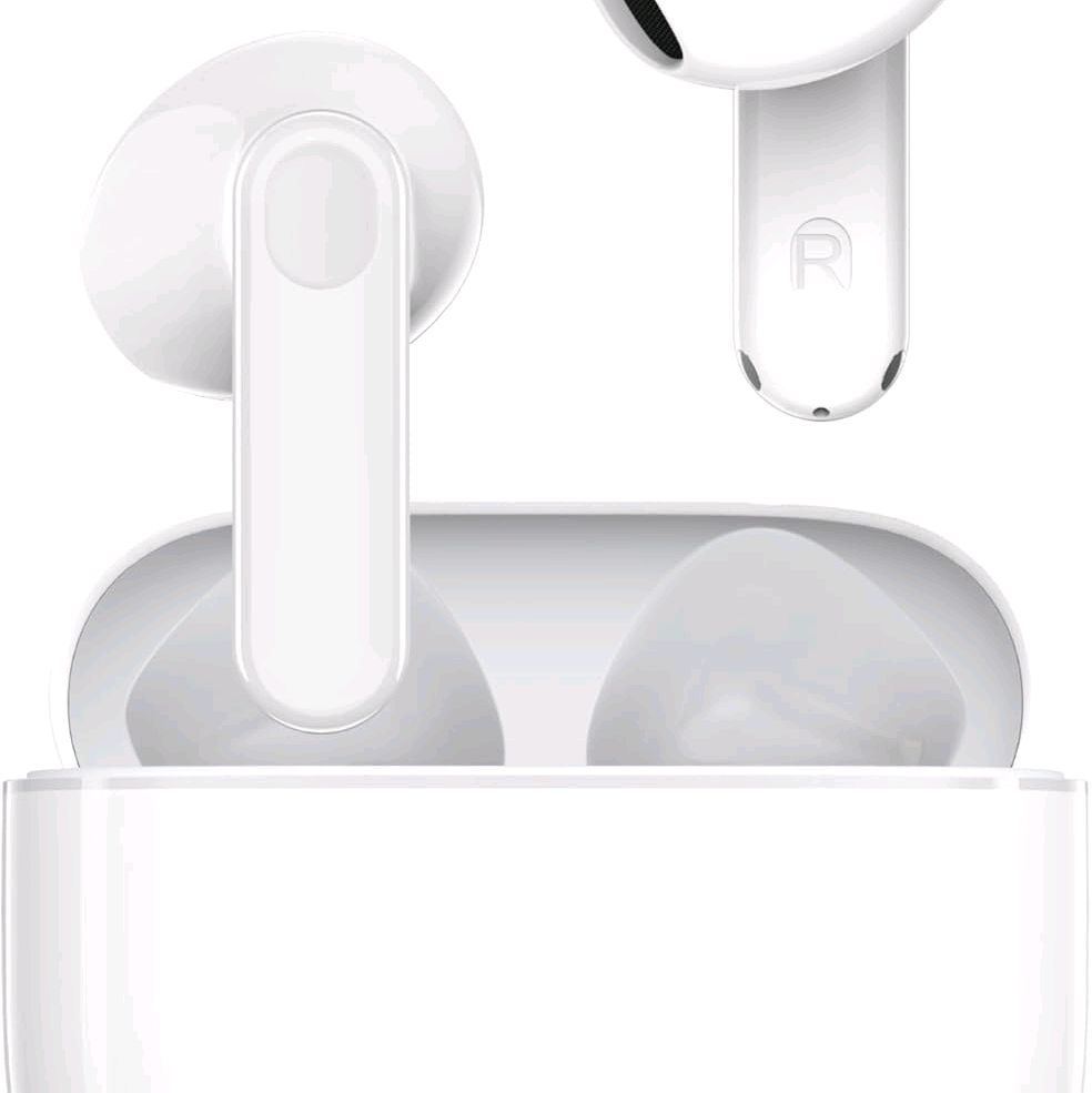 White wireless earbuds with a matching charging case, shown close-up on a clean white background. One earbud is upright with a visible 'R' marking, and the other is inside the open case.