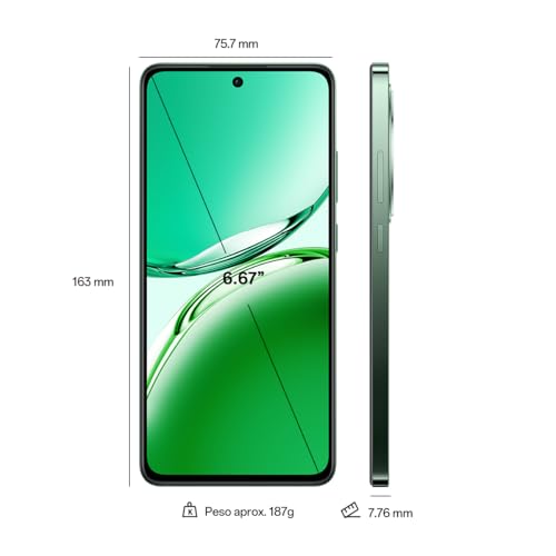 A smartphone shown from the front and side on a white background, with dimension labels indicating 75.7 mm width, 163 mm height, 6.