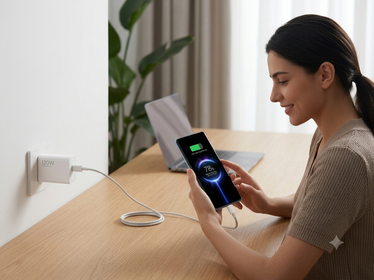 A woman sits at a wooden desk, holding a smartphone that displays a 78% battery level while connected to a white wall charger plugged into a wall outlet. The charger is branded with the text 'LON'.