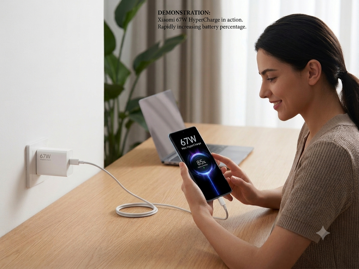 A woman sits at a wooden desk charging a smartphone with a white cable plugged into a wall charger. The phone screen shows a 67W fast charge and 85% battery.