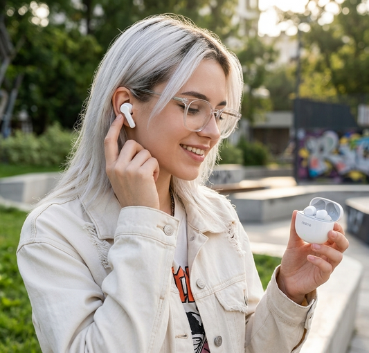 realme Buds T110 white wireless earbuds with AI noise cancelling, product lifestyle shot