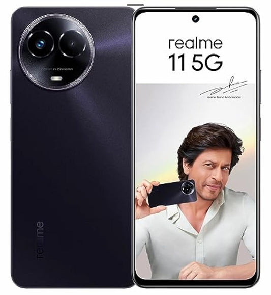 Realme 11 5G smartphone shown from the back and front. The phone has a dark metallic purple-black finish on the back with a circular multi-lens camera module, and the front display is on with the text 'realme 11 5G' and a screen image of Shah Rukh Khan holding the phone.
