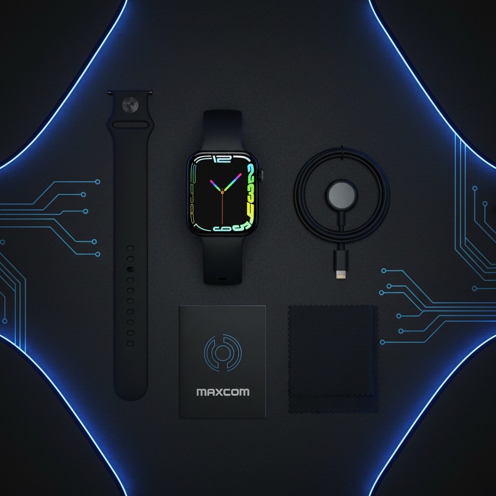 Maxcom FW26 Oxigen Pro Black flat lay with accessories
