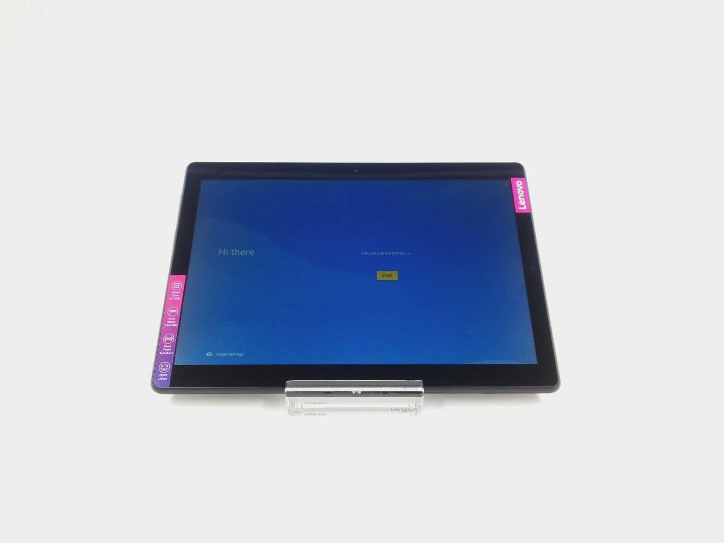 A Lenovo ThinkPad tablet with a black bezel and screen, resting on a clear acrylic stand against a light gray background.