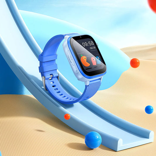 Smartwatch with a blue strap on a playground slide background
