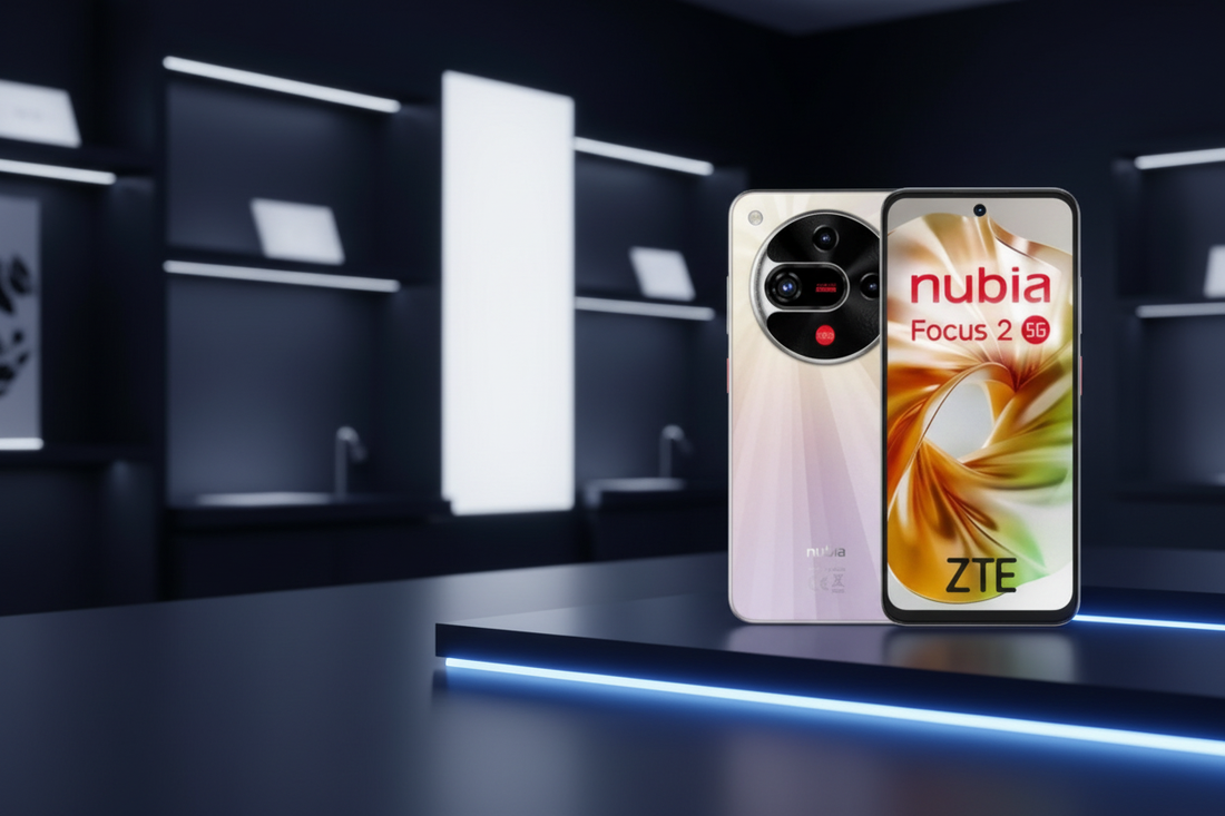 ZTE Nubia Focus 2 5G smartphone displayed on a dark navy surface with electric blue lighting - Best affordable