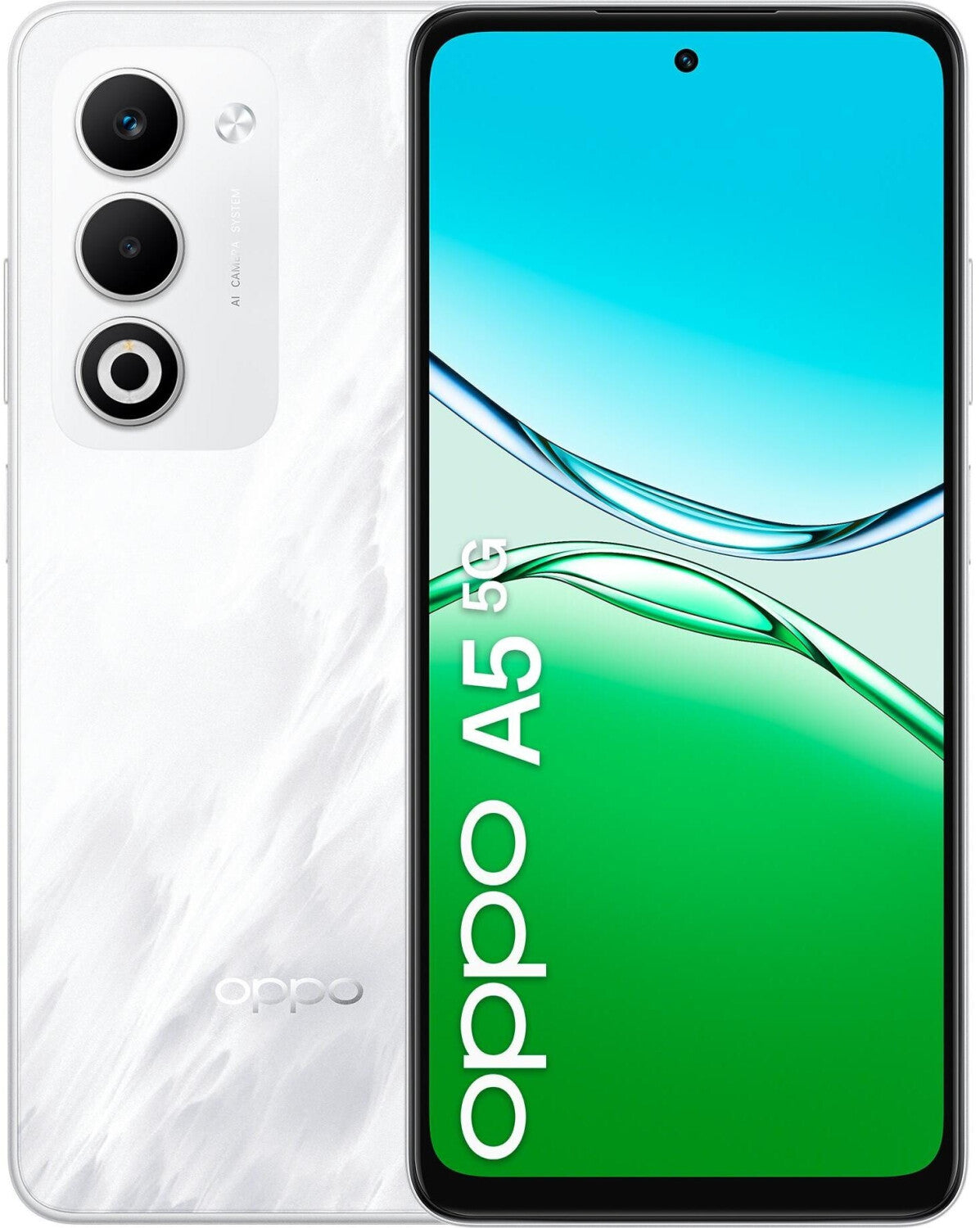 OPPO A53 smartphone showing front and back design with green and white color scheme.