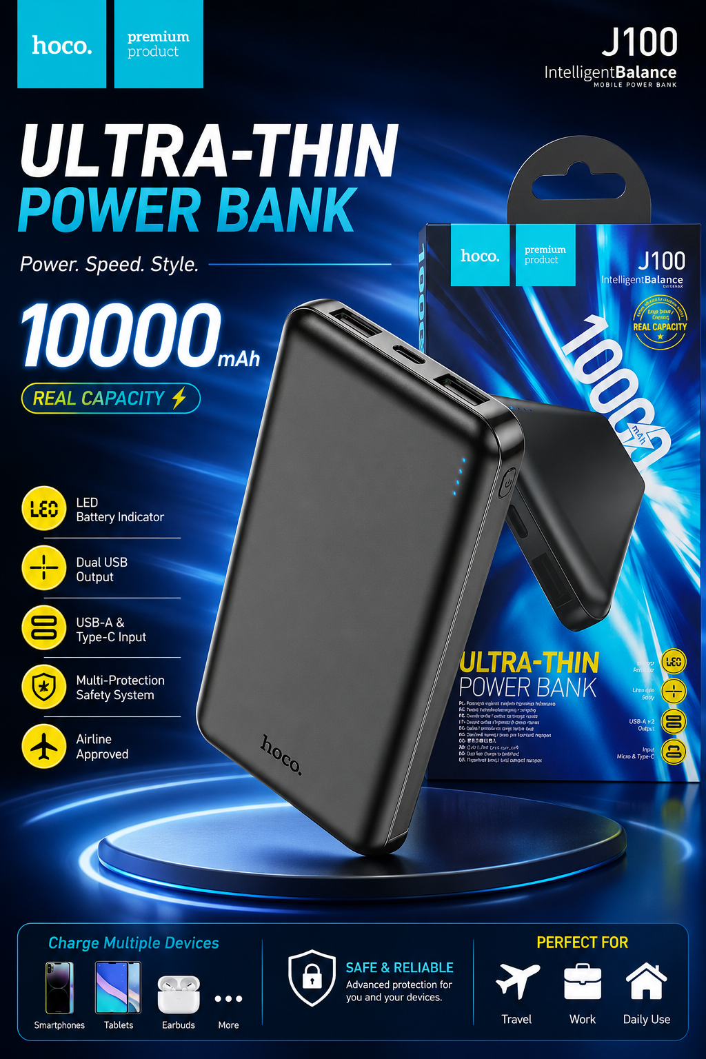 Hoco J100 IntelligentBalance 10000mAh Ultra-Thin Power Bank with Dual USB, Type-C input and LED indicator — Mania Tech