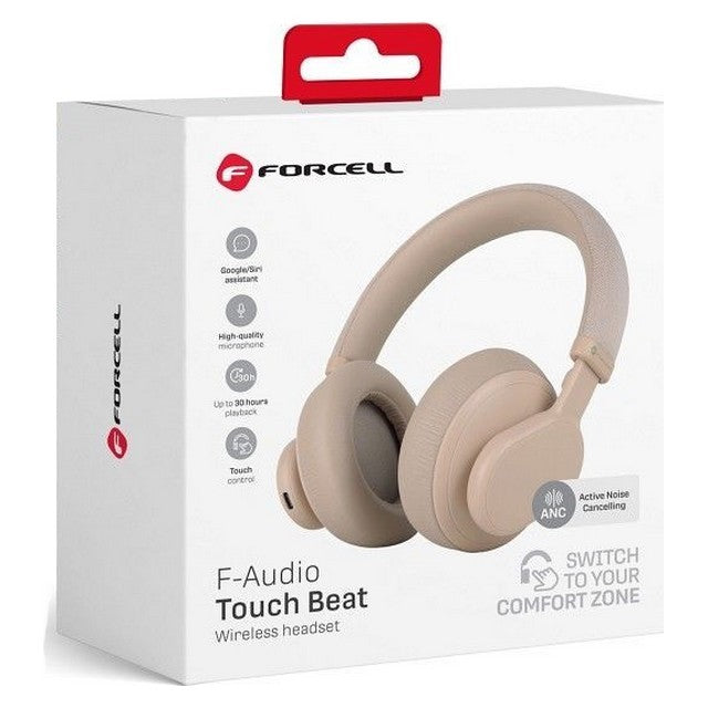 FORCELL F-Audio Touch Beat wireless headphones in a light beige/taupe color, shown in its original white retail packaging with a red hanging tab.