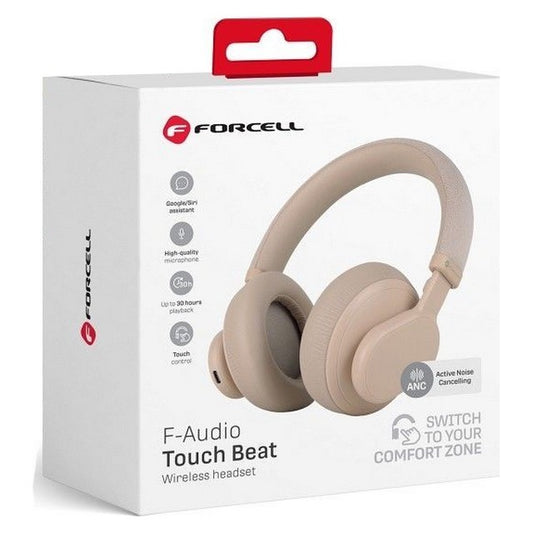 FORCELL F-Audio Touch Beat wireless headphones in a light beige/taupe color, shown in its original white retail packaging with a red hanging tab.