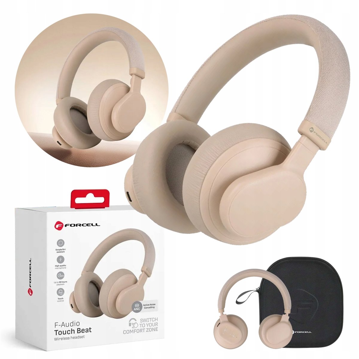 Beige over-ear wireless headphones shown with their retail box, a black carrying case, and a circular inset detail view on a white background. The box is labeled FORCELL F-Audio Touch Beat.