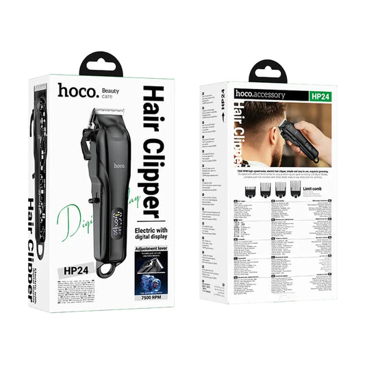 Hoco HP24 electric hair clipper retail box front and back showing product, 7500 RPM motor and digital display features