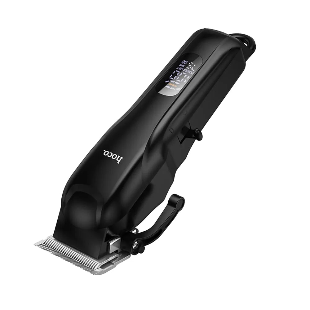 A black Hoco electric hair clippers with a digital display screen on the handle, set against a plain white background.