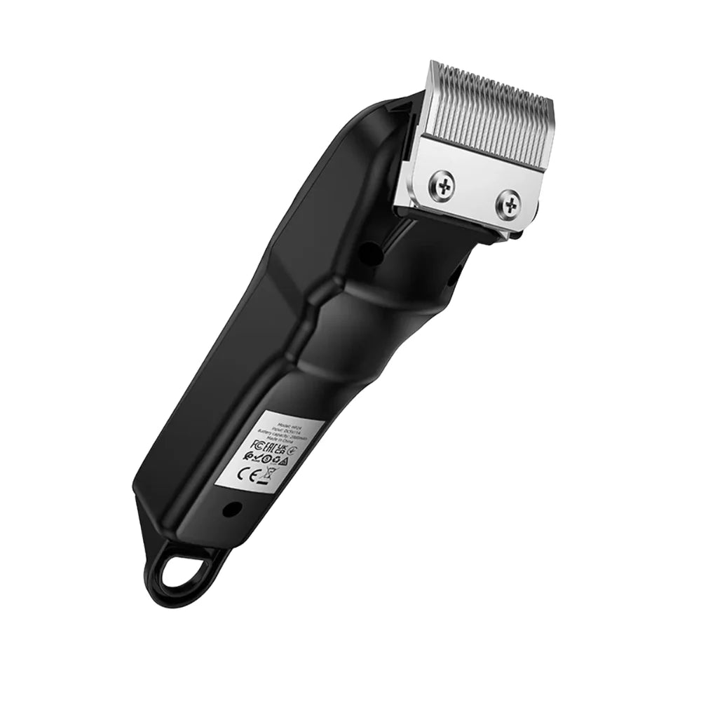 A black cordless hair clipper with a silver metal blade assembly, shown at an angle on a plain white background.