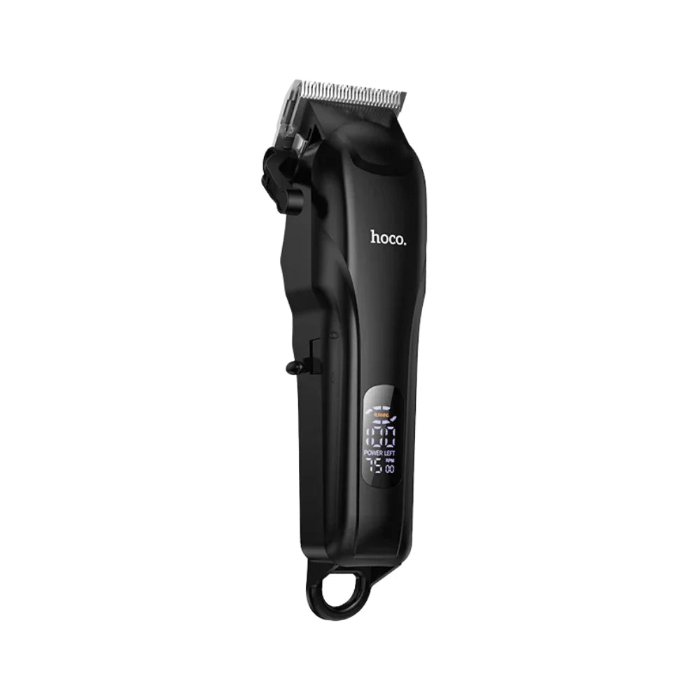 Hoco HP24 hair clipper side profile showing Hoco branding, digital display at 75% battery and ergonomic black body