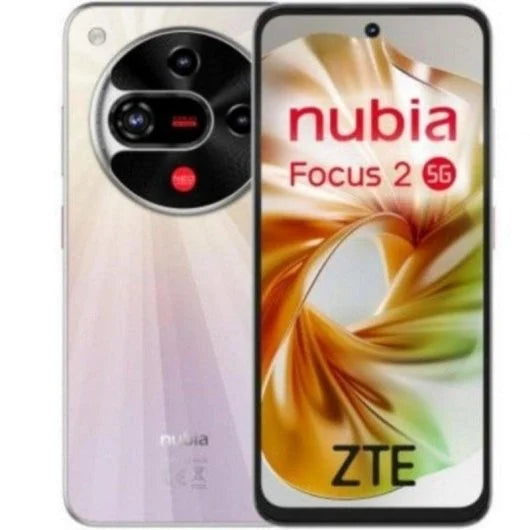 Nubia ZTE Focus 2 5G smartphone shown from the back and front. The back features a pale pink and lavender iridescent finish with a large circular multi-lens camera system.