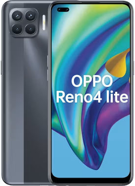 Front and back views of an OPPO Reno4 lite smartphone. The back panel is a dark gray gradient, and the front screen displays a colorful abstract wallpaper with the text 'OPPO Reno4 lite'.