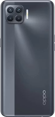 The back of an Oppo smartphone in a dark gray color, featuring a vertical gradient design, a triple-camera system, and the Oppo logo near the bottom right.