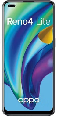 Front-facing OPPO Reno4 Lite smartphone on a plain white background, showing the colorful on-screen wallpaper and the OPPO logo at the bottom.