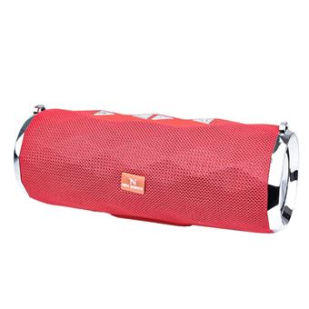 A red cylindrical portable Bluetooth speaker with a textured fabric cover and shiny silver metal end caps, shown on a plain white background.