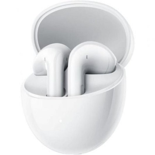 White wireless earbuds in an open egg-shaped charging case, shown on a plain white background.