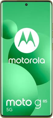 Front-facing view of a Motorola Moto G85 5G smartphone on a green gradient background with the Motorola logo and model text visible.