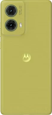 A lime green smartphone back view showing a dual-camera system and the Motorola logo in the center.
