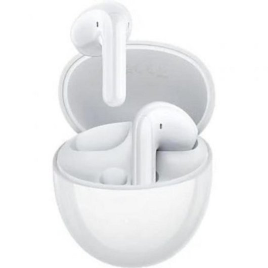 White wireless earbuds in an open oval charging case, shown on a plain white background.