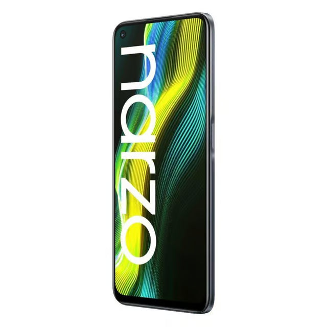 A Narzo smartphone shown from a three-quarter angle against a plain white background, displaying a colorful screen with a vertical 'narzo' logo.