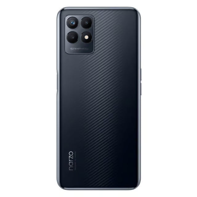 The back of a Narzo smartphone, featuring a dark navy blue carbon fiber textured design, a triple-camera system, and the Narzo brand logo near the bottom.