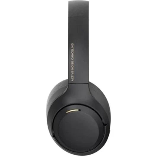 A single over-ear wireless headphone shown from a side profile view on a solid white background. The product is matte black with a small gold accent ring and white text on the headband that reads 'ACTIVE NOISE CANCELING'.