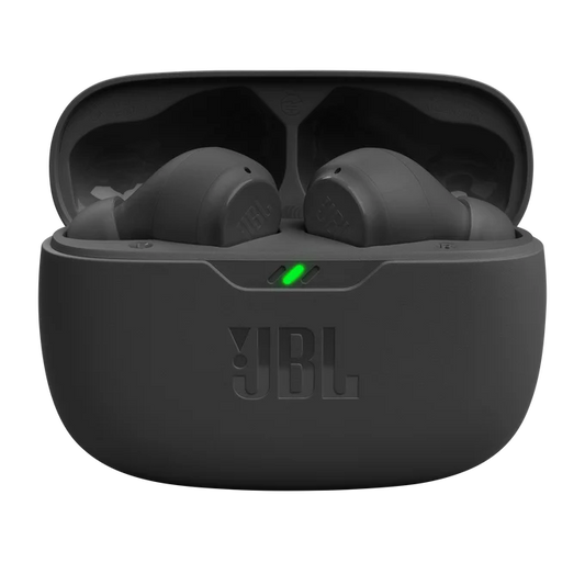 Black JBL true wireless earbuds inside an open matching charging case, shown on a plain white background with a small green LED indicator light lit.