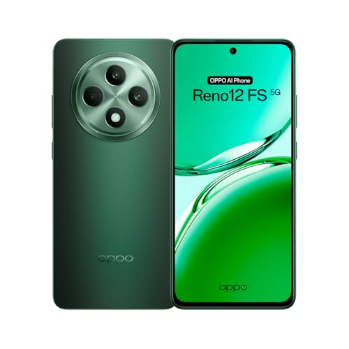 An OPPO Reno12 FS 5G smartphone shown from both the back and front. The phone features a dark forest green metallic finish on the back with a large circular multi-lens camera module, and a matching green display screen on the front.