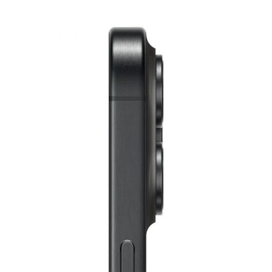 Close-up side profile of a black smartphone showing the camera module and side button against a plain white background.
