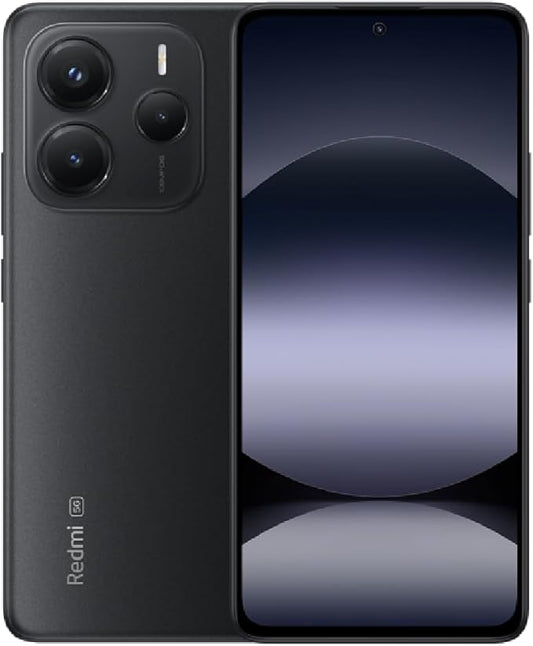 Black smartphone with Redmi branding on a reflective surface