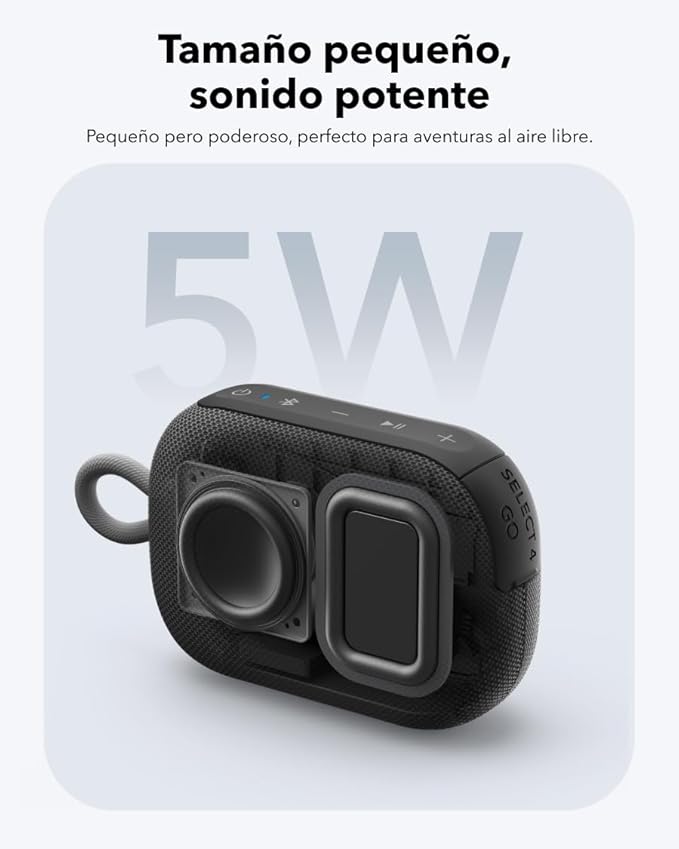 Black portable speaker with '5W' text on a light gray background