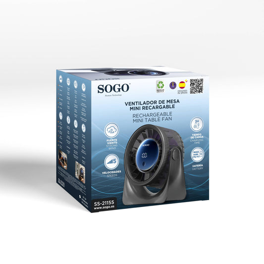 SOGO rechargeable mini table fan retail box, shown at a three-quarter angle on a light gray background. The packaging features a blue and white design with a graphic of the black and blue fan.