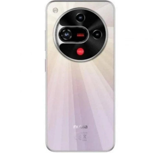 A rear view of a Nokia smartphone with a large circular multi-lens camera system and a subtle iridescent lavender-to-cream back panel, shown on a plain white background.