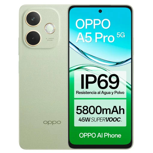 An Oppo A5 Pro 5G smartphone shown from both the back and front. The back is a pale sage green with dual camera lenses and a flash.