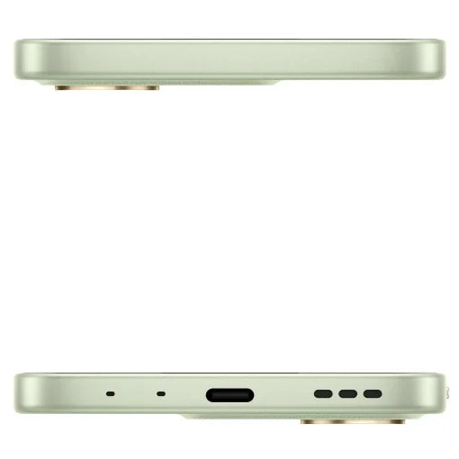 A close-up of a smartphone's bottom edge showing the side profile from two angles, featuring a light sage green metallic finish, a USB-C port, and small speaker cutouts on a white background.