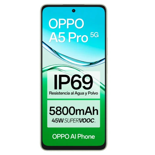 A vertical smartphone shown front-on against a plain white background. The screen displays OPPO branding and large text reading 'OPPO A5 Pro 5G', 'IP69 Resistencia al Agua y Polvo', '5800mAh', '45W SUPERVOOC', and 'OPPO AI Phone'.