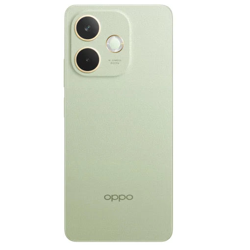 The back of an Oppo smartphone in a pale sage green color, featuring a dual-camera setup with gold-rimmed circular cutouts and the Oppo logo printed near the bottom.