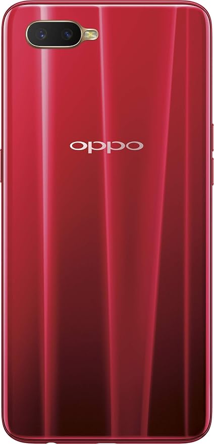 Red OPPO smartphone showing the back panel with a dual camera cutout and the OPPO logo in the center.