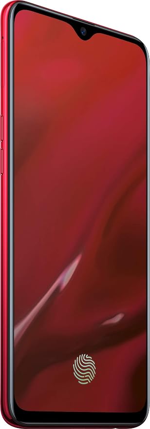 Red smartphone shown from the front with a large glossy red display, black bezel, and a fingerprint sensor near the bottom.