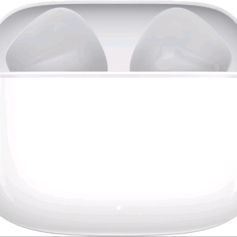 White wireless earbuds in their charging case, shown from a front-facing perspective against a white background.