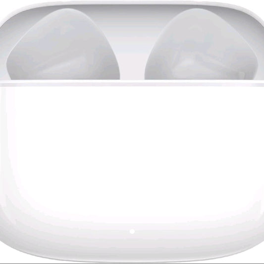White wireless earbuds in their charging case, shown from a front-facing perspective against a white background.