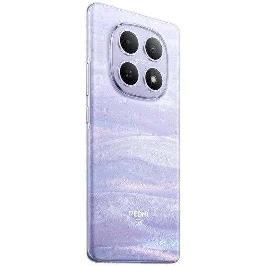 Redmi smartphone back in a light lavender-purple color with a subtle marble-like texture, featuring a large multi-camera system and the Redmi logo near the bottom.