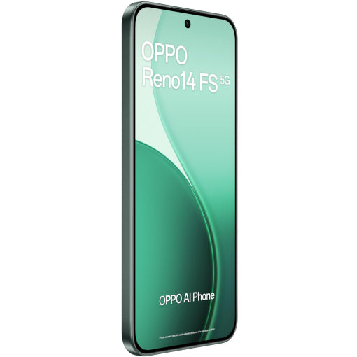 A black OPPO Reno14 FS 5G smartphone shown at a three-quarter angle on a plain white background, with the screen on and displaying a green wallpaper with 'OPPO Reno14 FS 5G' and 'OPPO AI Phone' text.
