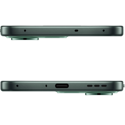 Top and bottom side views of a smartphone showing the thin front edge, camera cutouts, and USB-C port on a plain white background.