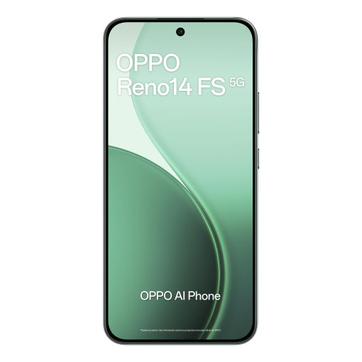 Front-facing OPPO Reno14 FS 5G smartphone on a plain white background, with the screen on and displaying a green abstract wallpaper and the text 'OPPO Reno14 FS 5G' and 'OPPO AI Phone'.